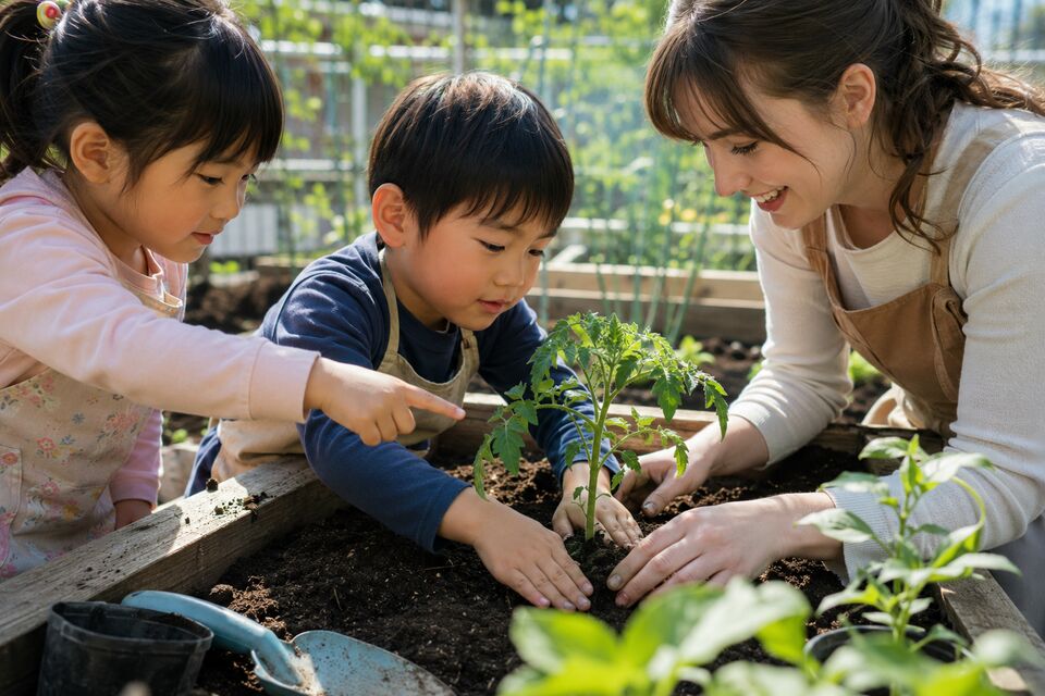 英語の先生と一緒にトマトの苗を植える園児たち